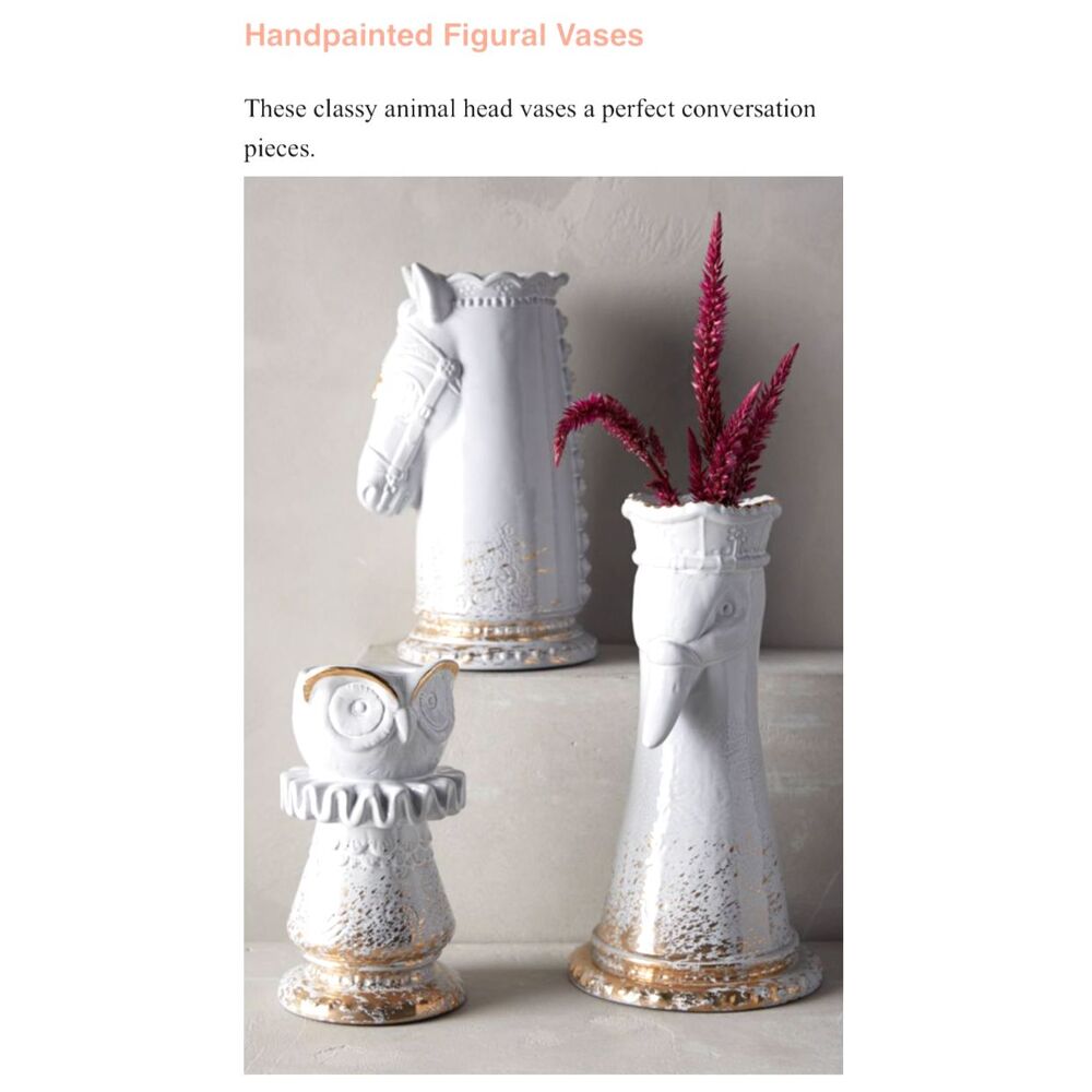 NWT Anthropologie Evolution Knight Horse Chess White & Gold Vase SZ 9"H x 4.5"W